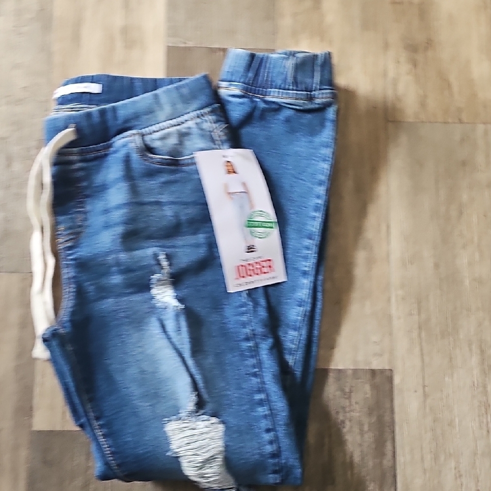 Celebrity Pink Blue Distressed Jogger Jeans with Elastic Waistband - Picture 5 of 7